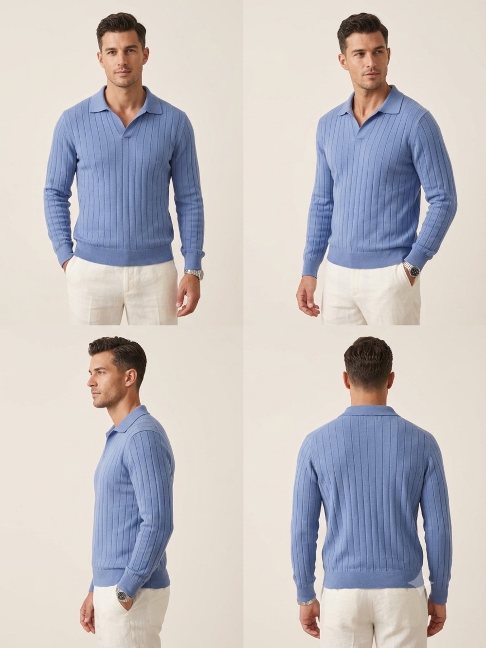 Simons Sky Blue Ribbed V-Neck Polo Sweater